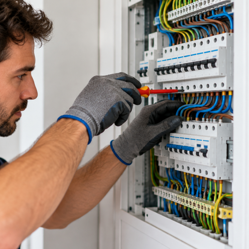 Electricista realizando reparaciones en un cuadro eléctrico en una vivienda